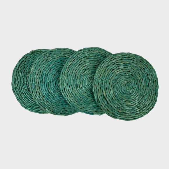 Vintage Set of 4 Green Woven Raffia Coasters 3" - Picture 1 of 6